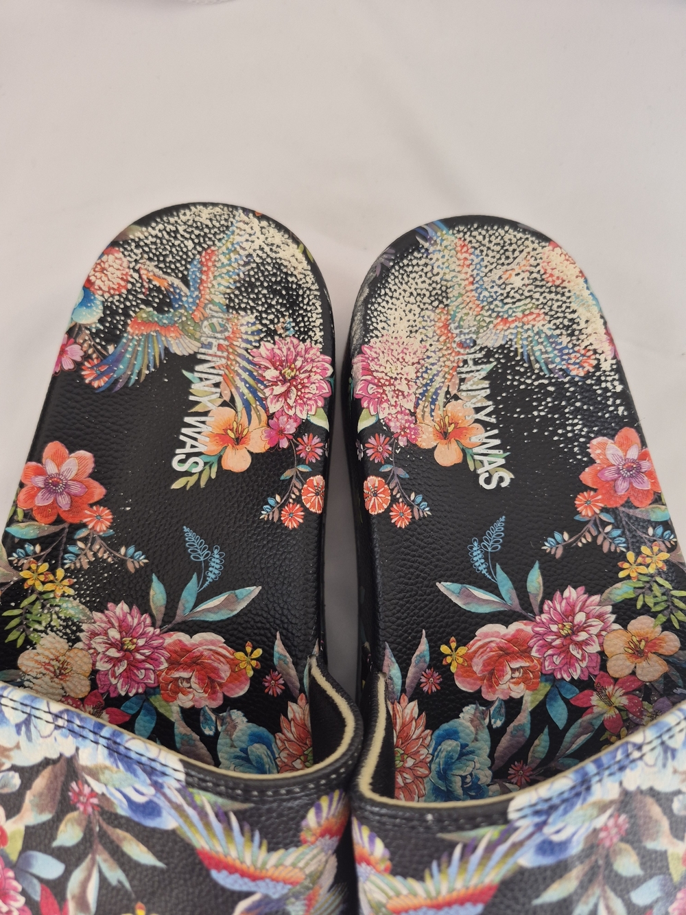 Johnny Was Floral Bird Print Black Slide Sandals 8 - Picture 4 of 8
